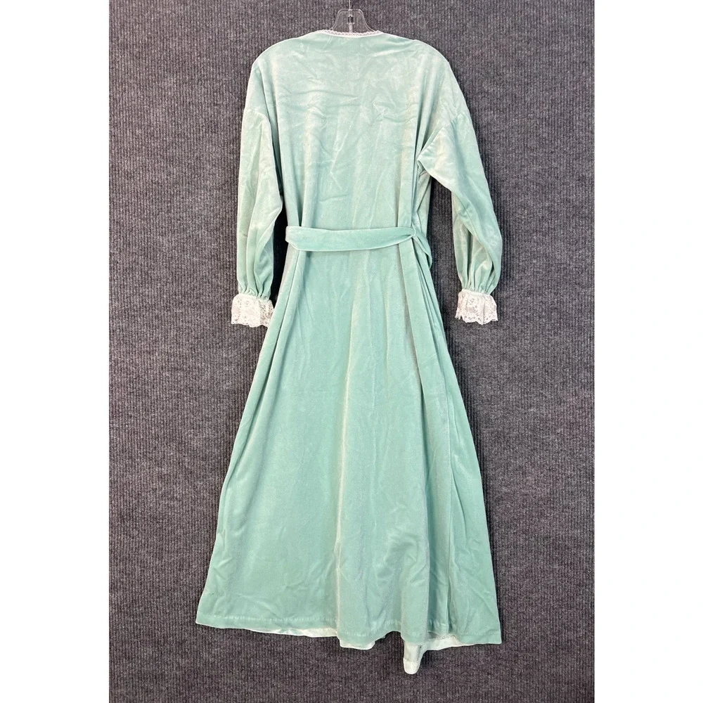 Vintage Maggie McQuade Mint Green Velvet Robe Long Lace Trim Dressing Gown Small